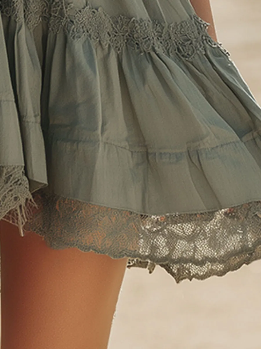 Western Retro Lace Green Ruffled Sleeveless V-Neck Mini Dress sold by Oyrosy product image thumbnail 4