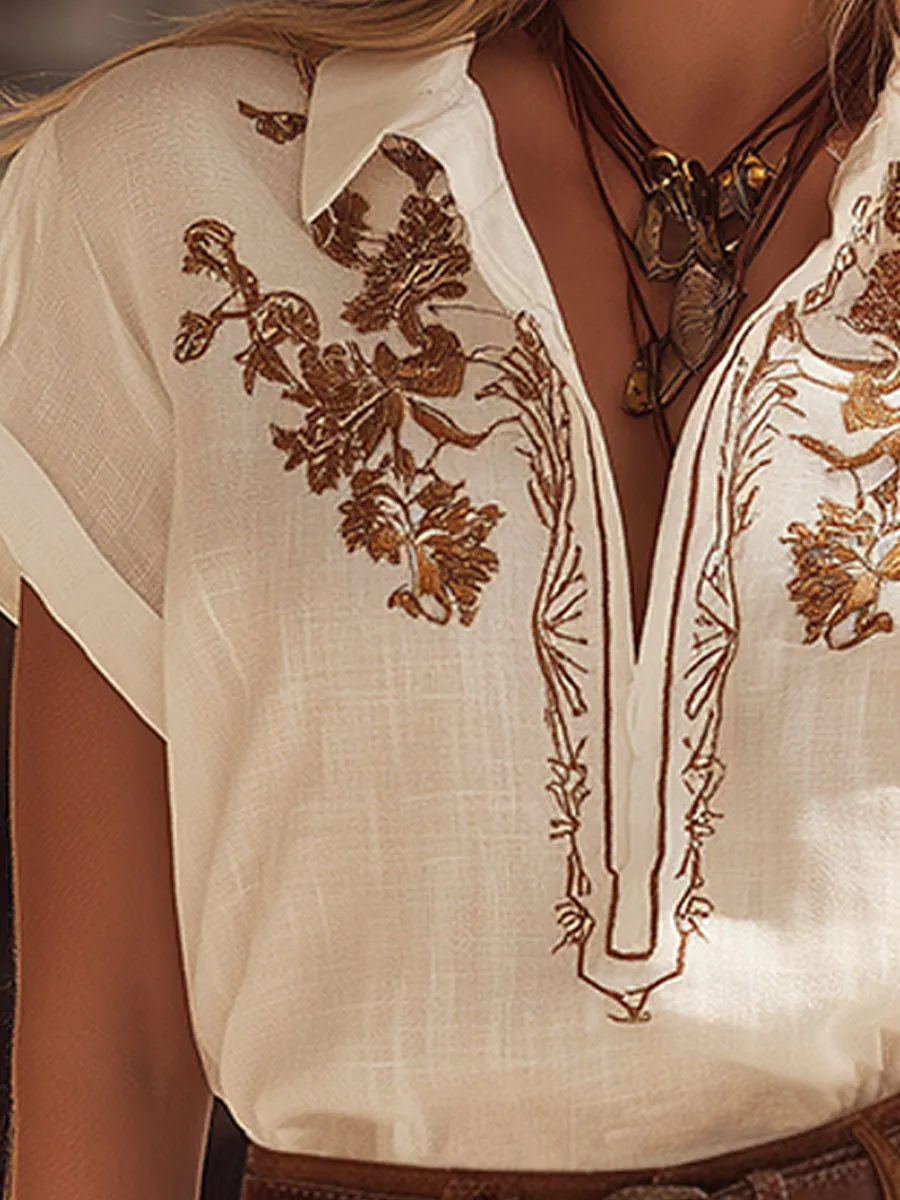 Retro Embroidered White Cotton-Linen Top And Brown Fringed Faux Suede Shorts Set sold by Oyrosy product image thumbnail 5