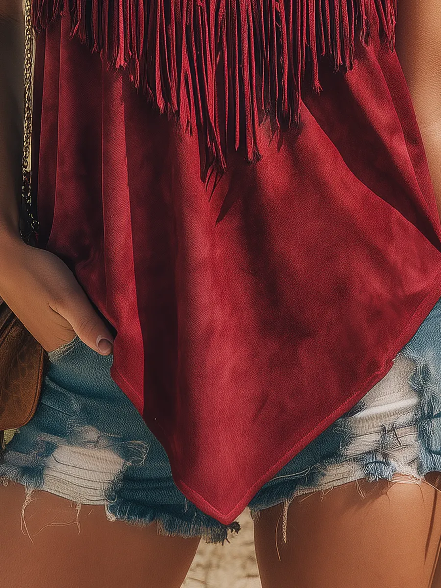 Retro Bohemian Western-Style Fringed Faux Suede Tank Top sold by Oyrosy product image thumbnail 4