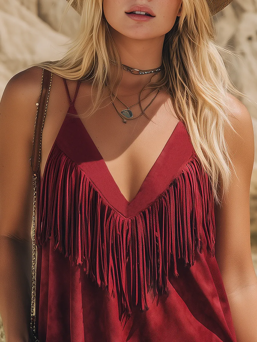 Retro Bohemian Western-Style Fringed Faux Suede Tank Top sold by Oyrosy product image thumbnail 3