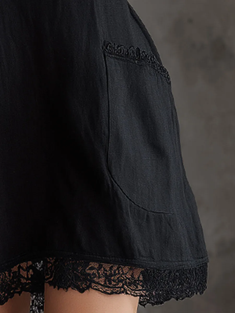 Fashionable Retro Lace Black Cotton Linen Sleeveless Mini Dress sold by Oyrosy product image thumbnail 5