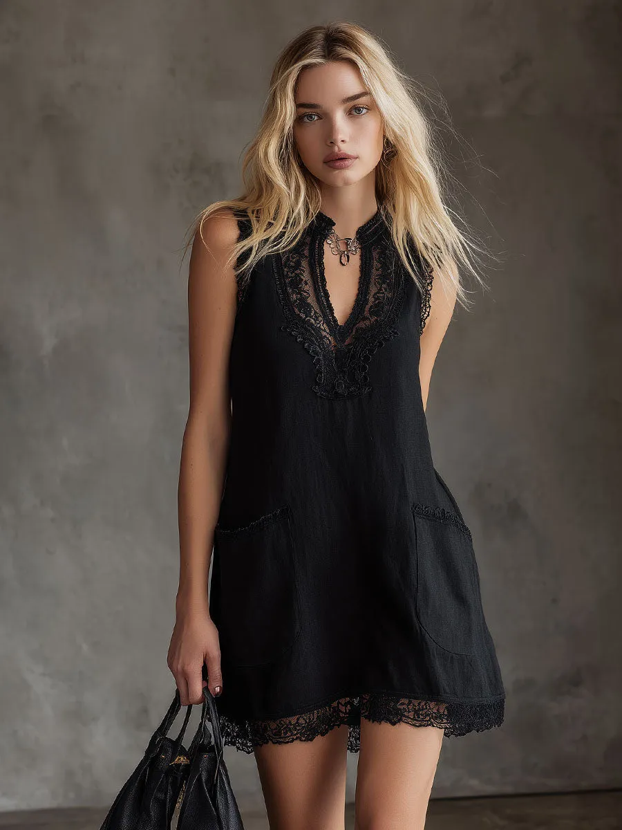 Fashionable Retro Lace Black Cotton Linen Sleeveless Mini Dress sold by Oyrosy product image thumbnail 3