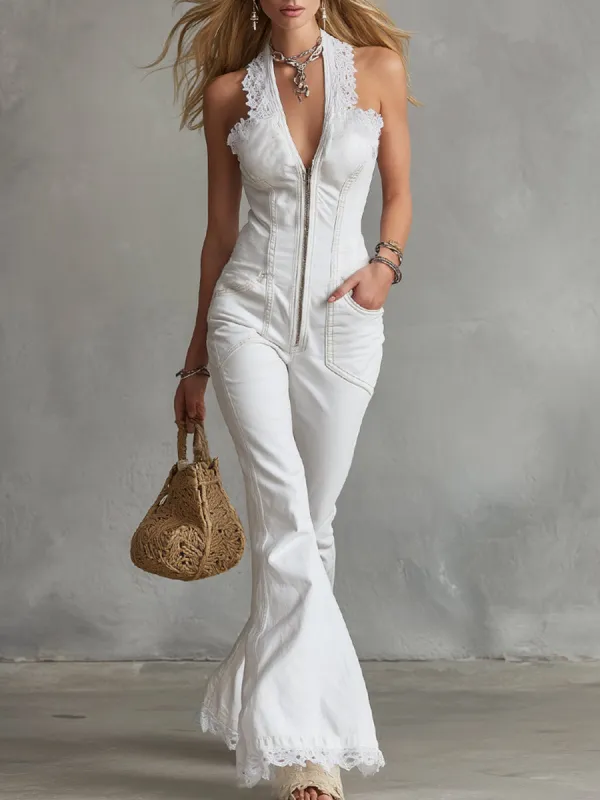 Elegant Urban Style With Lace Trim White Denim Halter-Neck Flared Jumpsuit made by Oyrosy