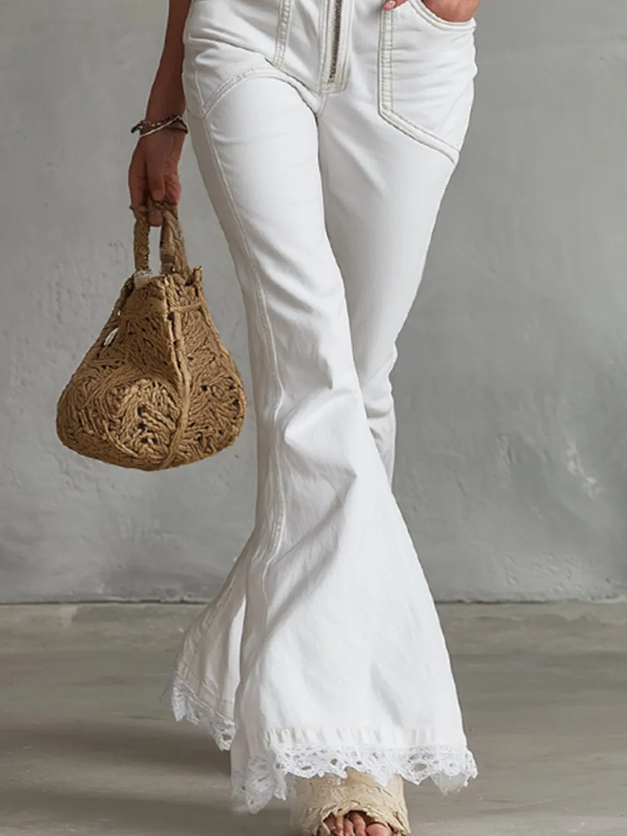 Elegant Urban Style With Lace Trim White Denim Halter-Neck Flared Jumpsuit sold by Oyrosy product image thumbnail 4