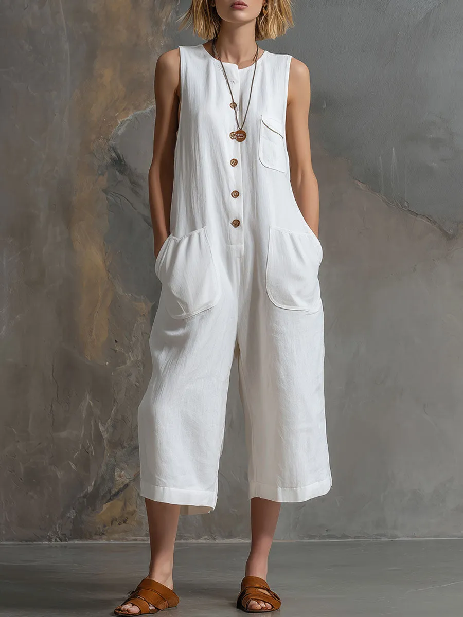 Casual Retro Sleeveless White Cotton And Linen Wide-leg Cropped Jumpsuit sold by Oyrosy