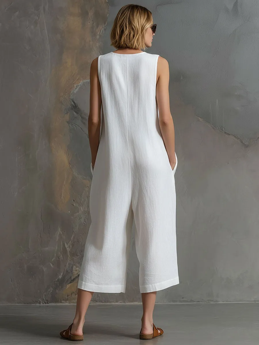 Casual Retro Sleeveless White Cotton And Linen Wide-leg Cropped Jumpsuit sold by Oyrosy product image thumbnail 4