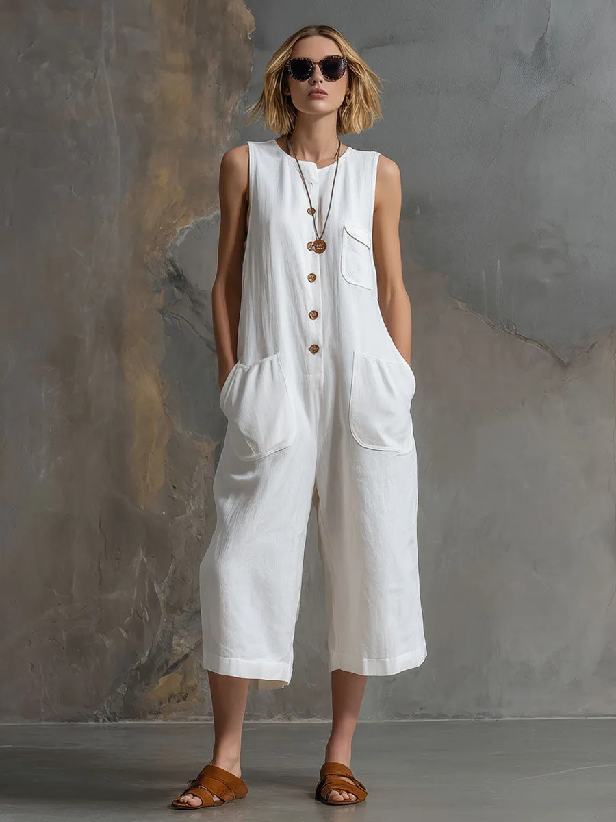Casual Retro Sleeveless White Cotton And Linen Wide-leg Cropped Jumpsuit sold by Oyrosy product image thumbnail 2