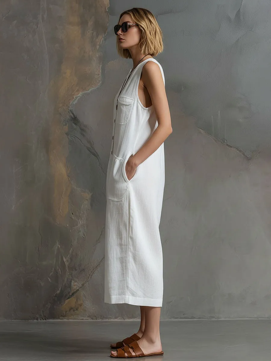 Casual Retro Sleeveless White Cotton And Linen Wide-leg Cropped Jumpsuit sold by Oyrosy product image thumbnail 3