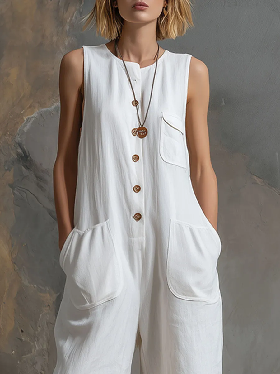 Casual Retro Sleeveless White Cotton And Linen Wide-leg Cropped Jumpsuit sold by Oyrosy product image thumbnail 5