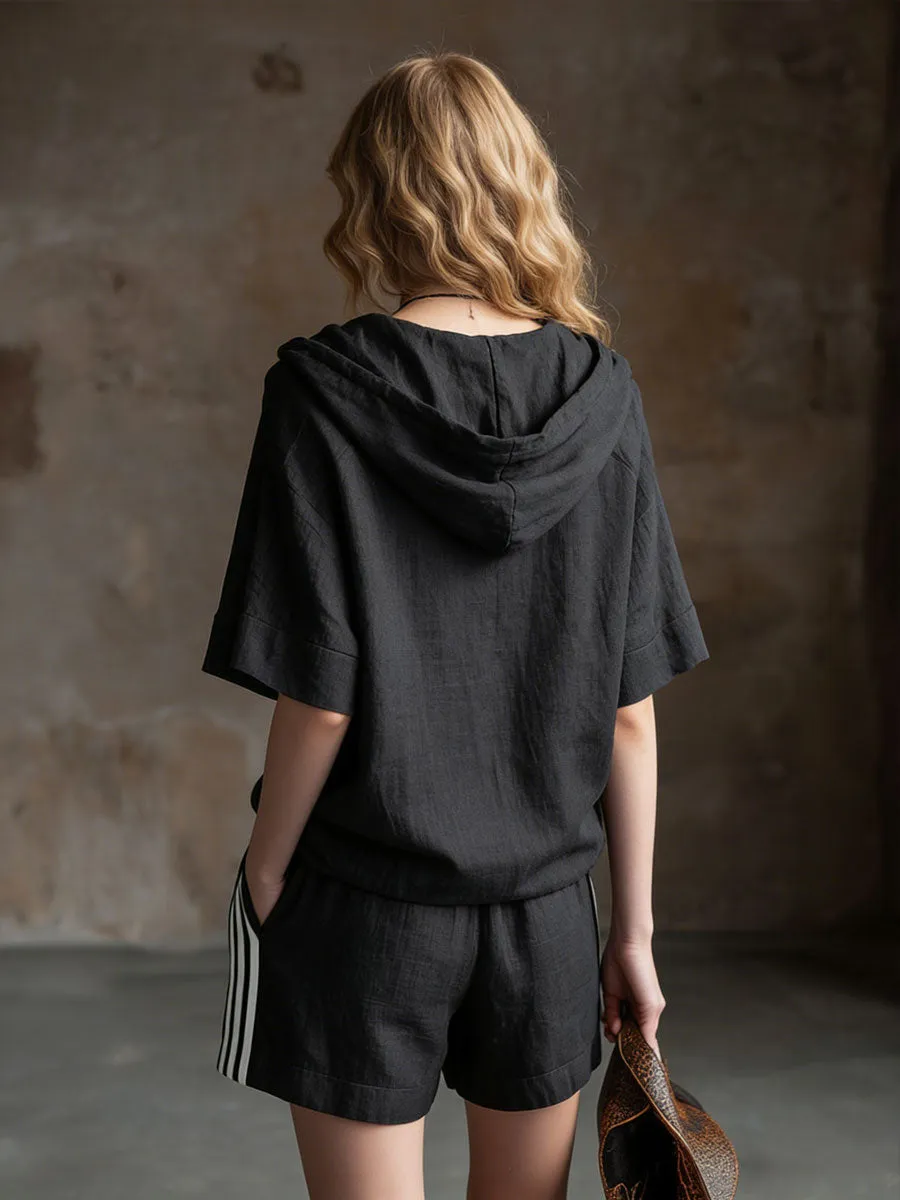 Casual Retro Black Cotton Linen Short-Sleeved Hooded Top And Striped Shorts Set sold by Oyrosy product image thumbnail 4