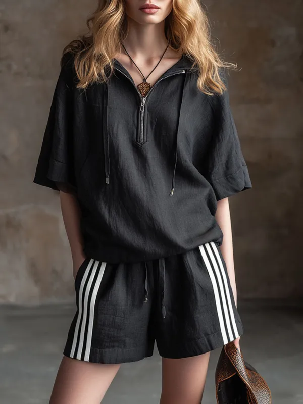 Casual Retro Black Cotton Linen Short-Sleeved Hooded Top And Striped Shorts Set made by Oyrosy