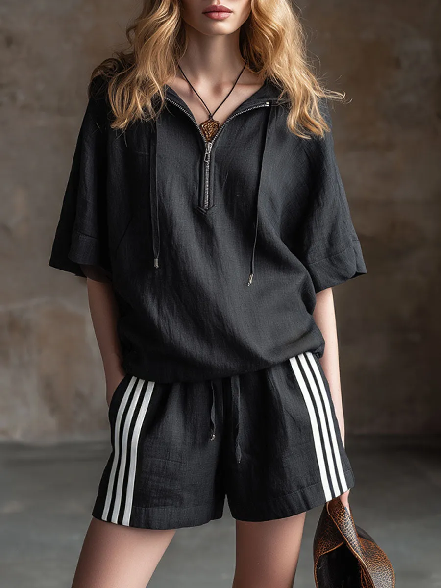 Casual Retro Black Cotton Linen Short-Sleeved Hooded Top And Striped Shorts Set sold by Oyrosy