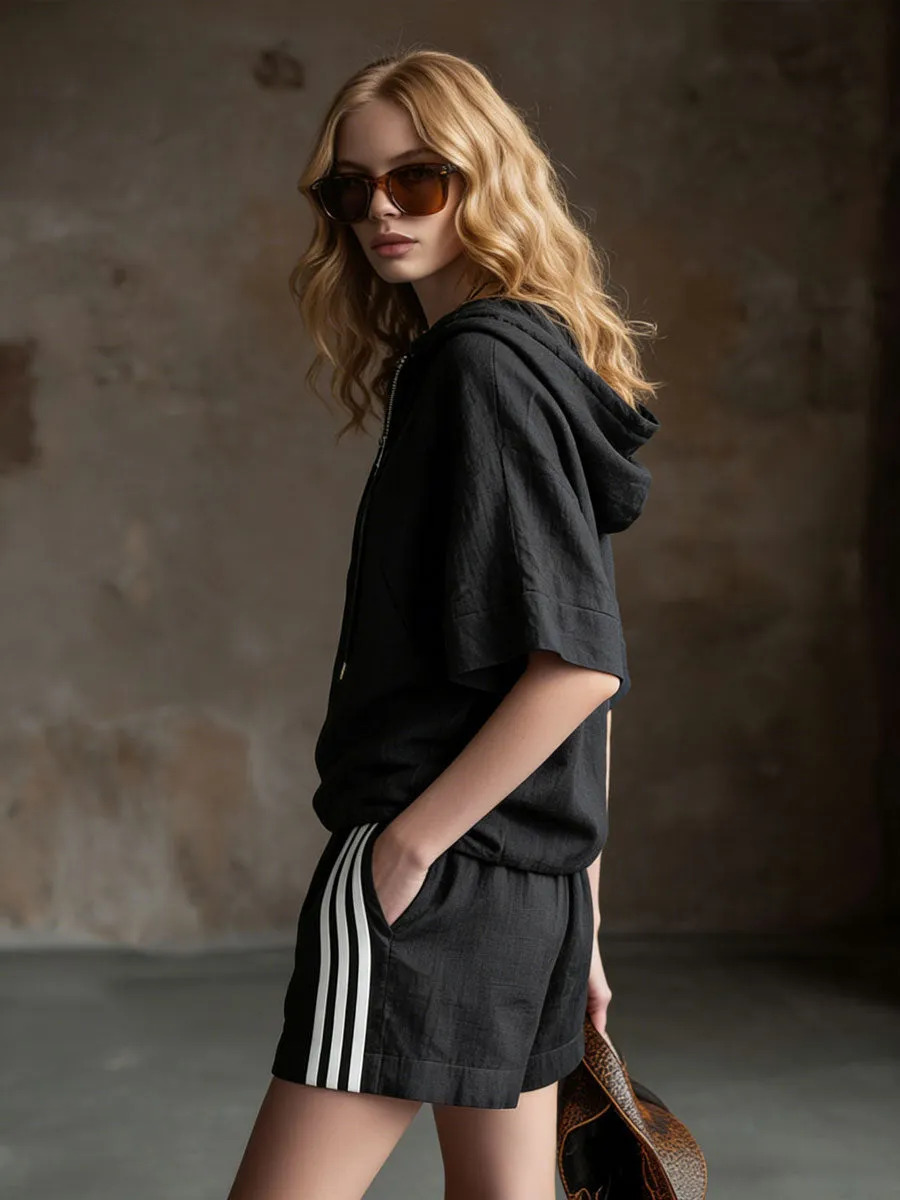 Casual Retro Black Cotton Linen Short-Sleeved Hooded Top And Striped Shorts Set sold by Oyrosy product image thumbnail 3