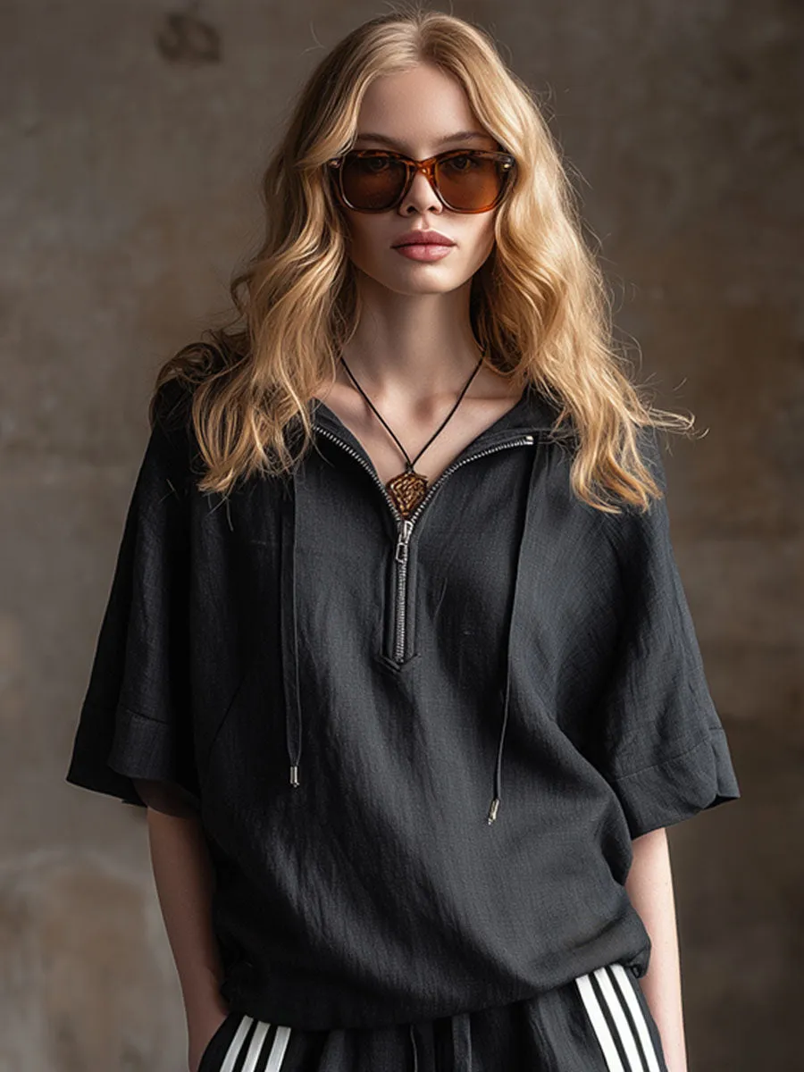 Casual Retro Black Cotton Linen Short-Sleeved Hooded Top And Striped Shorts Set sold by Oyrosy product image thumbnail 5