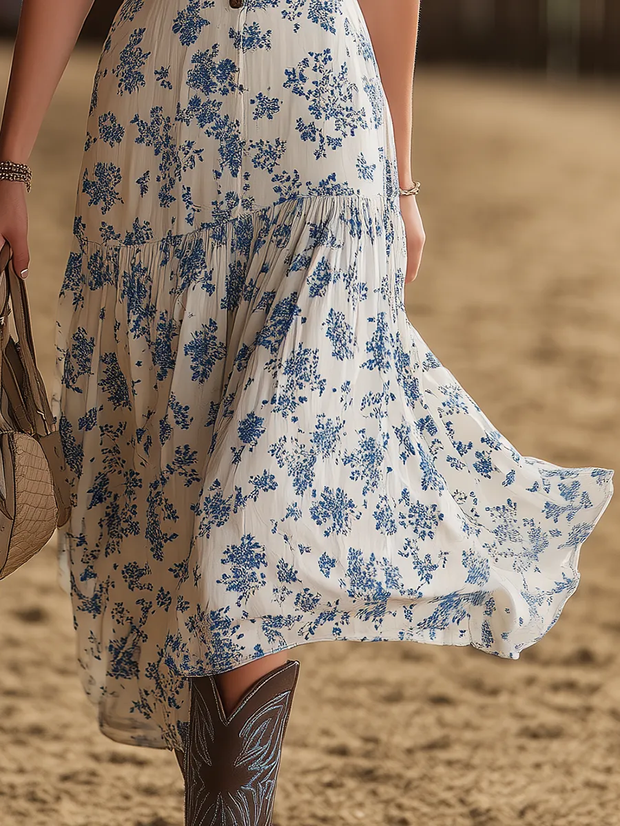 Retro Bohemian Elegant Floral Print Sleeveless Chiffon Midi Dress sold by Oyrosy product image thumbnail 4