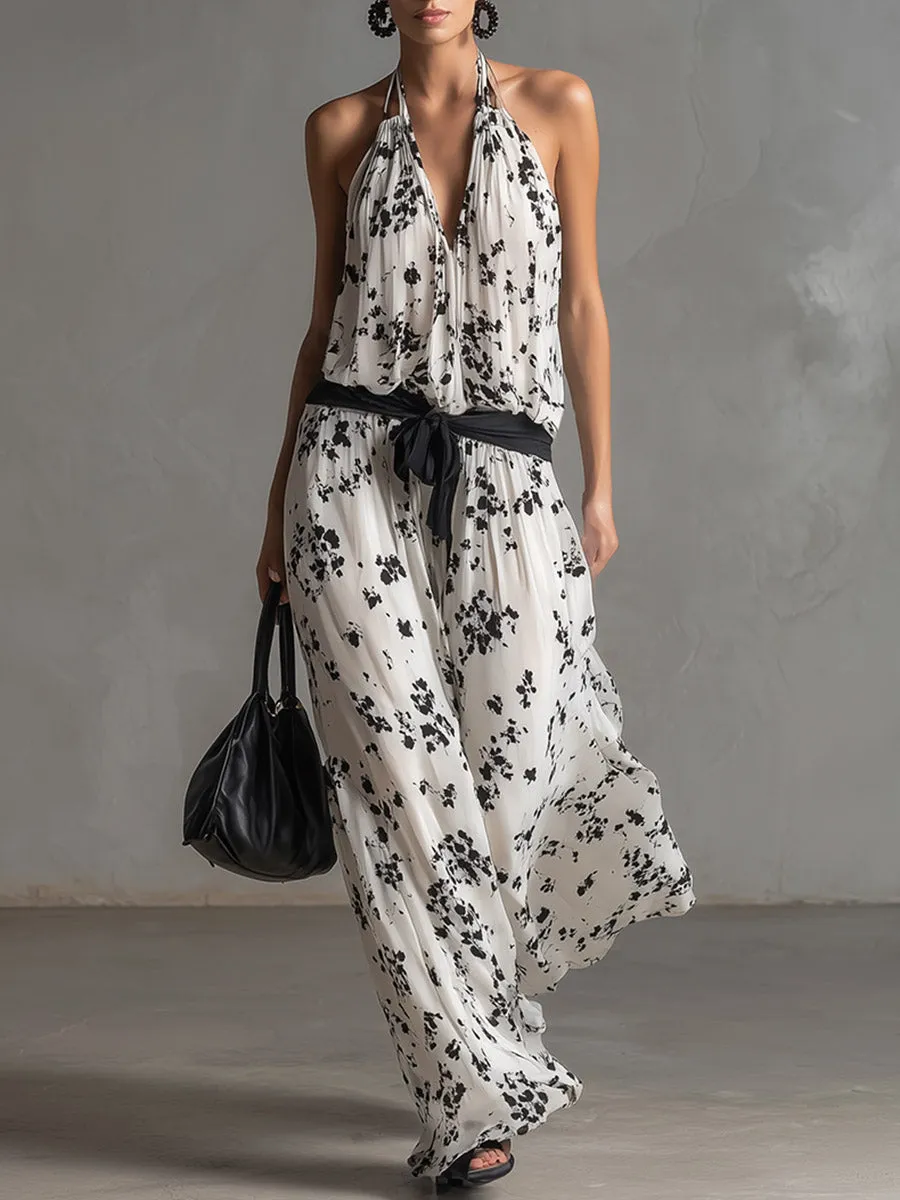 Elegant Silhouette White Floral-Print Chiffon Sleeveless Jumpsuit sold by Oyrosy