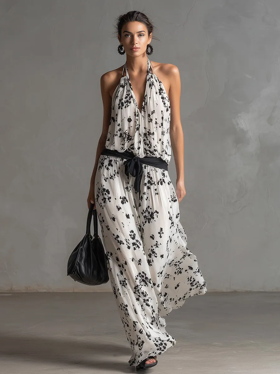 Elegant Silhouette White Floral-Print Chiffon Sleeveless Jumpsuit sold by Oyrosy product image thumbnail 2