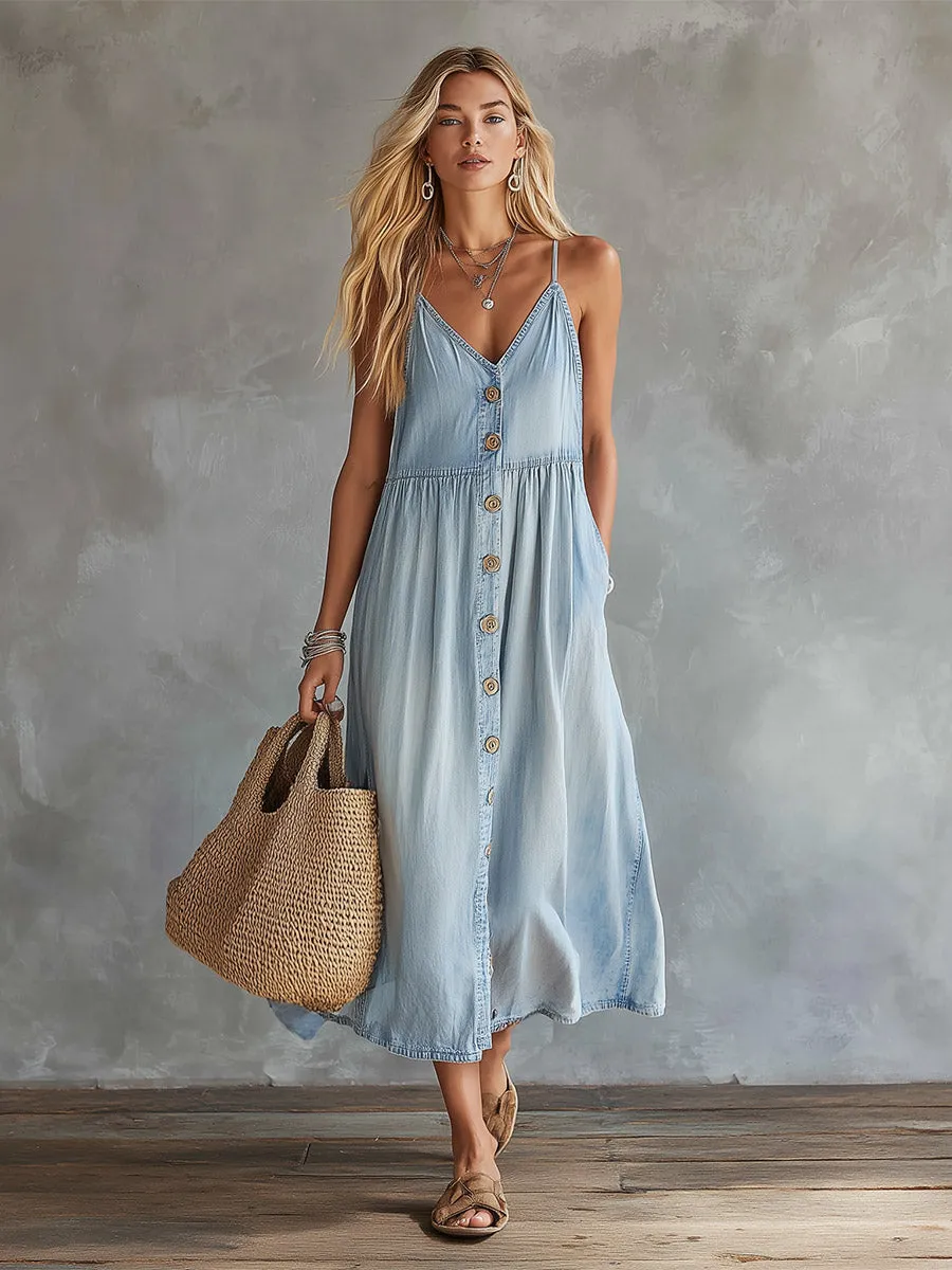 Stylish Casual Light Blue Lightweight Denim Button-Front Midi Dress sold by Oyrosy product image thumbnail 2