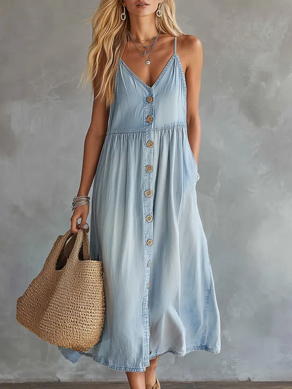 Stylish Casual Light Blue Lightweight Denim Button-Front Midi Dress made by Oyrosy