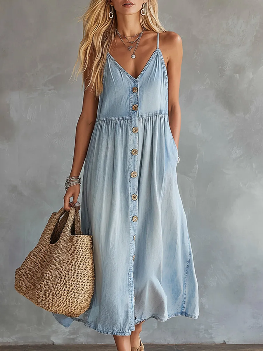 Stylish Casual Light Blue Lightweight Denim Button-Front Midi Dress sold by Oyrosy