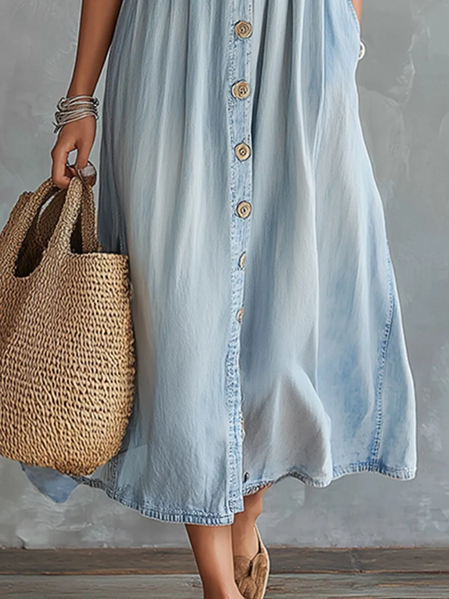 Stylish Casual Light Blue Lightweight Denim Button-Front Midi Dress sold by Oyrosy product image thumbnail 4