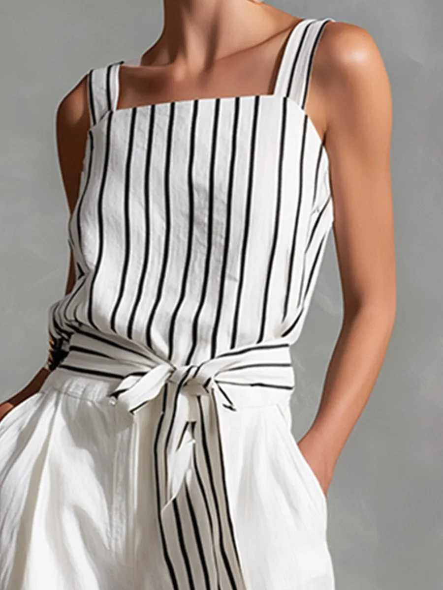Casual Urban White Striped Spaghetti-Strap Top And Wide-Leg Pants Cotton-Linen Set sold by Oyrosy product image thumbnail 3