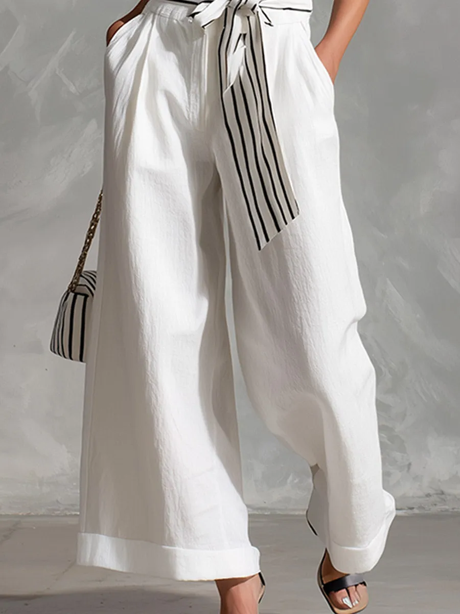 Casual Urban White Striped Spaghetti-Strap Top And Wide-Leg Pants Cotton-Linen Set sold by Oyrosy product image thumbnail 4