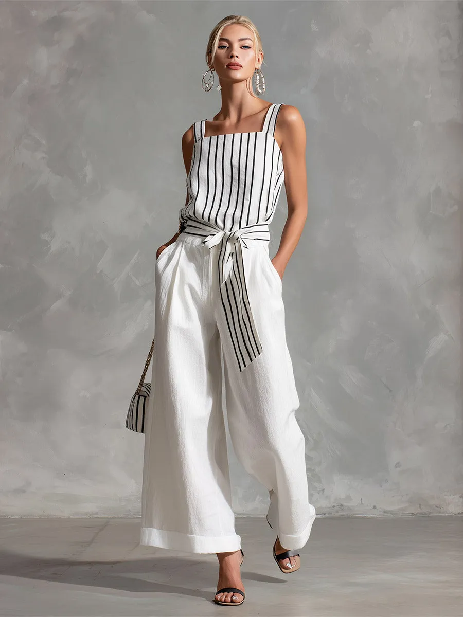Casual Urban White Striped Spaghetti-Strap Top And Wide-Leg Pants Cotton-Linen Set sold by Oyrosy product image thumbnail 2