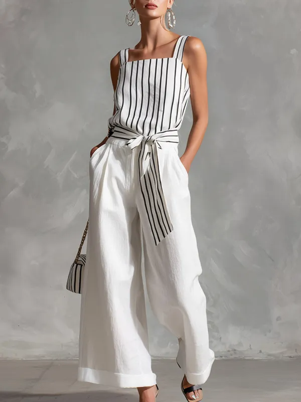 Casual Urban White Striped Spaghetti-Strap Top And Wide-Leg Pants Cotton-Linen Set made by Oyrosy