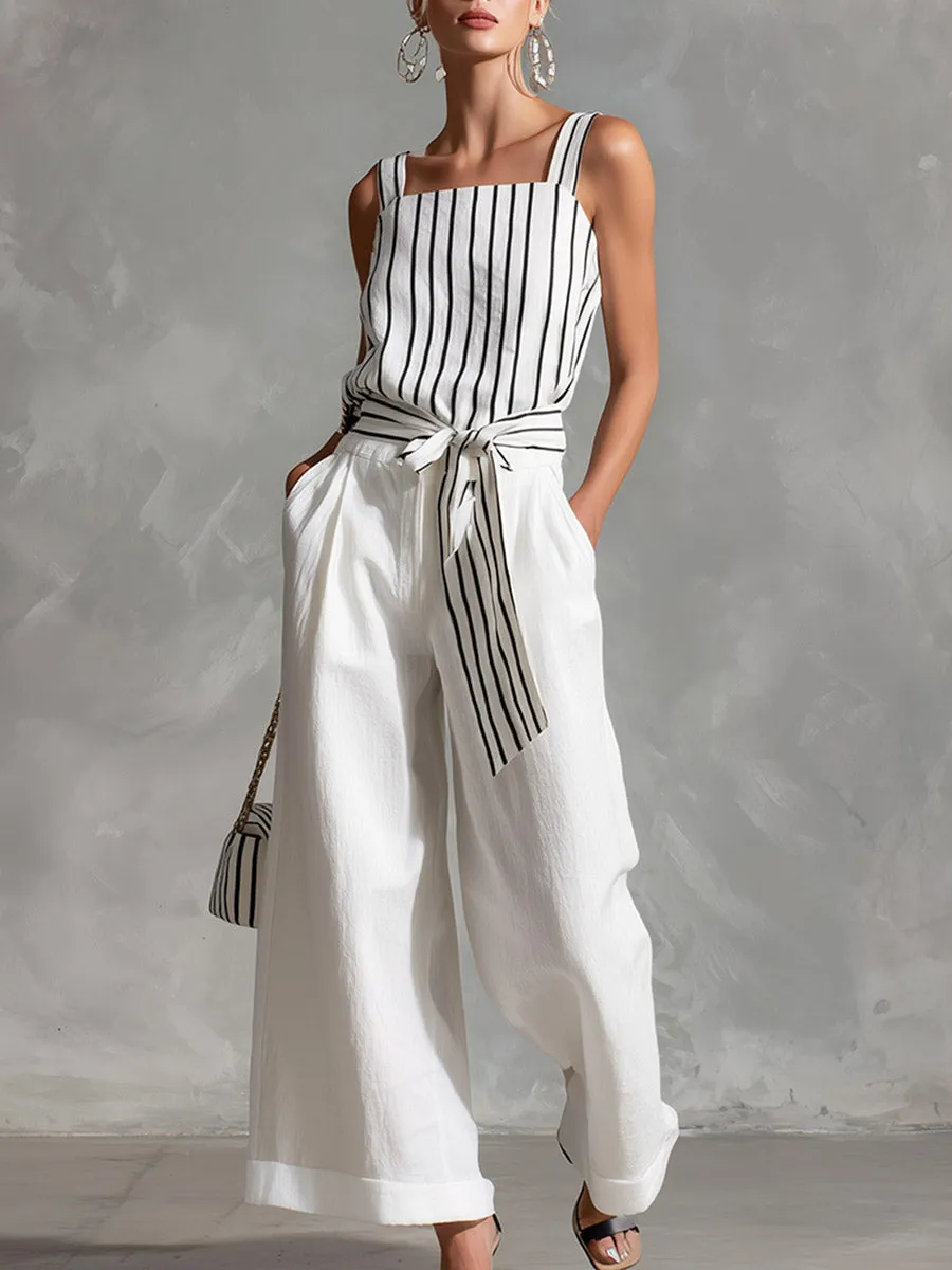 Casual Urban White Striped Spaghetti-Strap Top And Wide-Leg Pants Cotton-Linen Set sold by Oyrosy