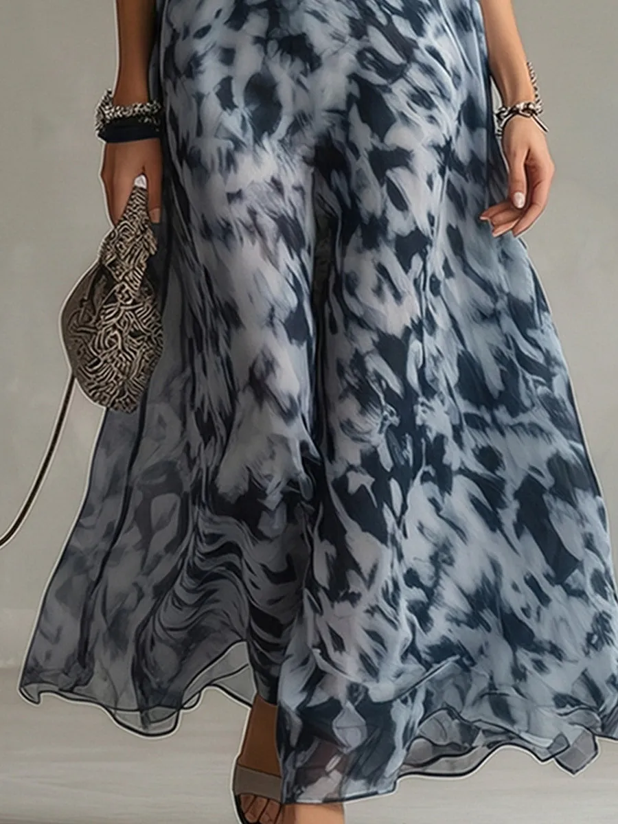 Elegant Urban Navy Blue Impression Print Chiffon Halter Maxi Dress sold by Oyrosy product image thumbnail 4