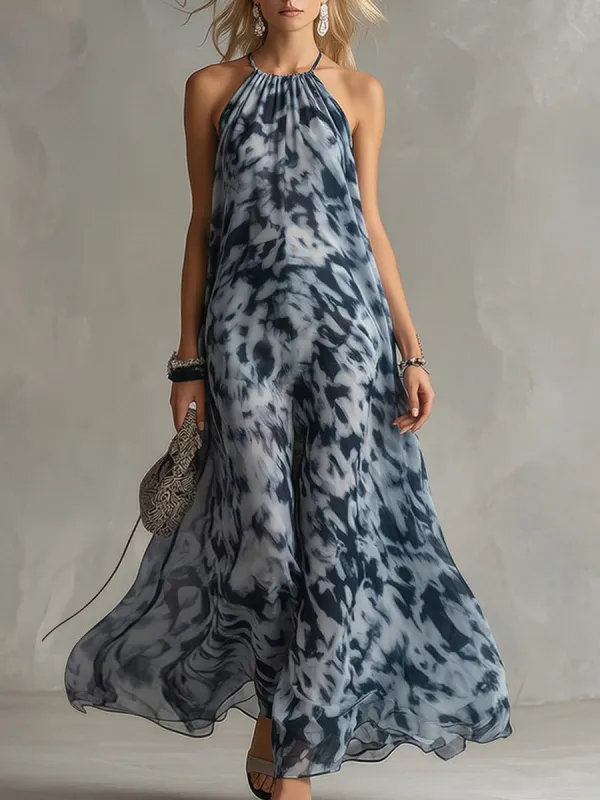 Elegant Urban Navy Blue Impression Print Chiffon Halter Maxi Dress made by Oyrosy