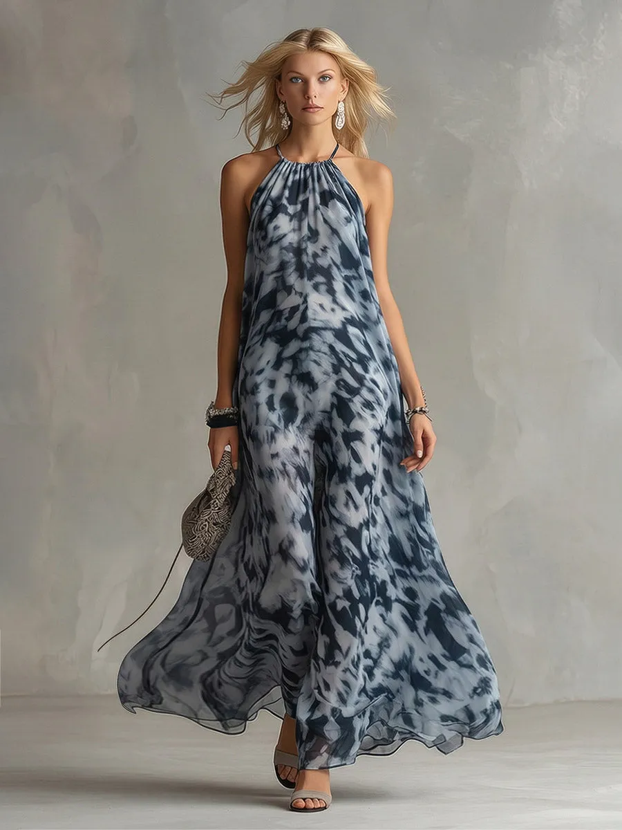 Elegant Urban Navy Blue Impression Print Chiffon Halter Maxi Dress sold by Oyrosy product image thumbnail 2