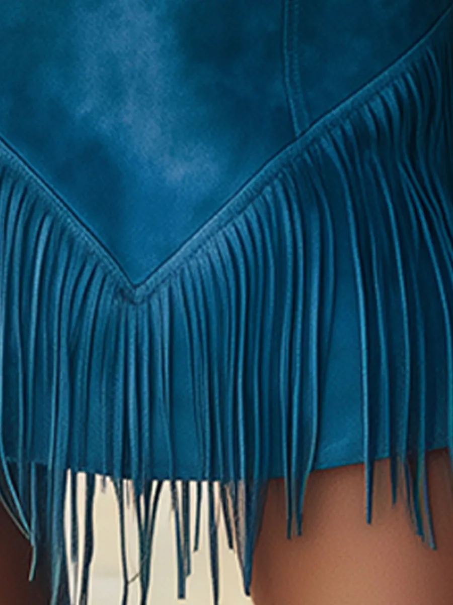 Western Retro Tassel Blue Sleeveless Button Faux Suede Mini Dress sold by Oyrosy product image thumbnail 5