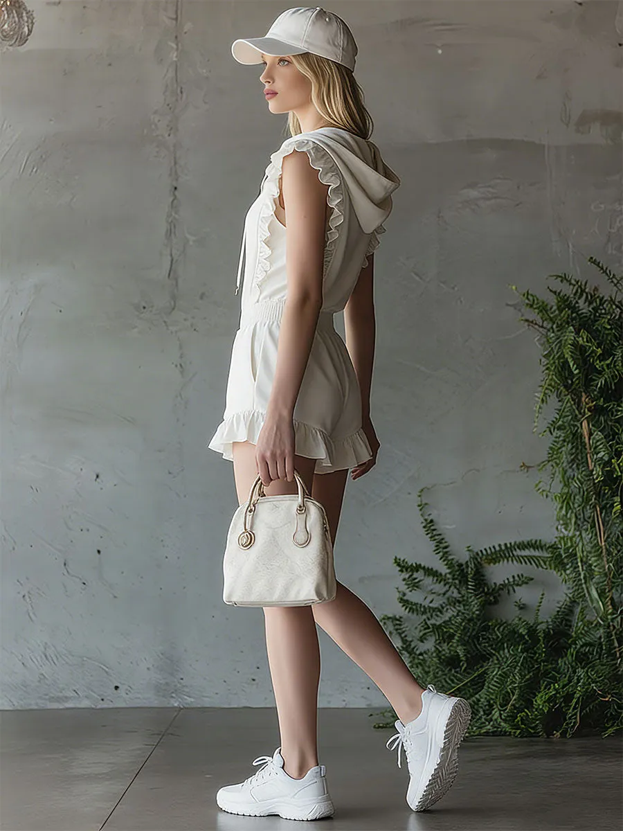Casual Retro Ruffled White Sleeveless Zip-up Hooded Jumpsuit sold by Oyrosy product image thumbnail 2