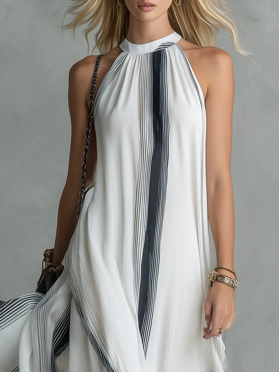 Stylish And Beautiful Round Neck Sleeveless Striped Printed Chiffon Long Dress sold by Oyrosy product image thumbnail 5