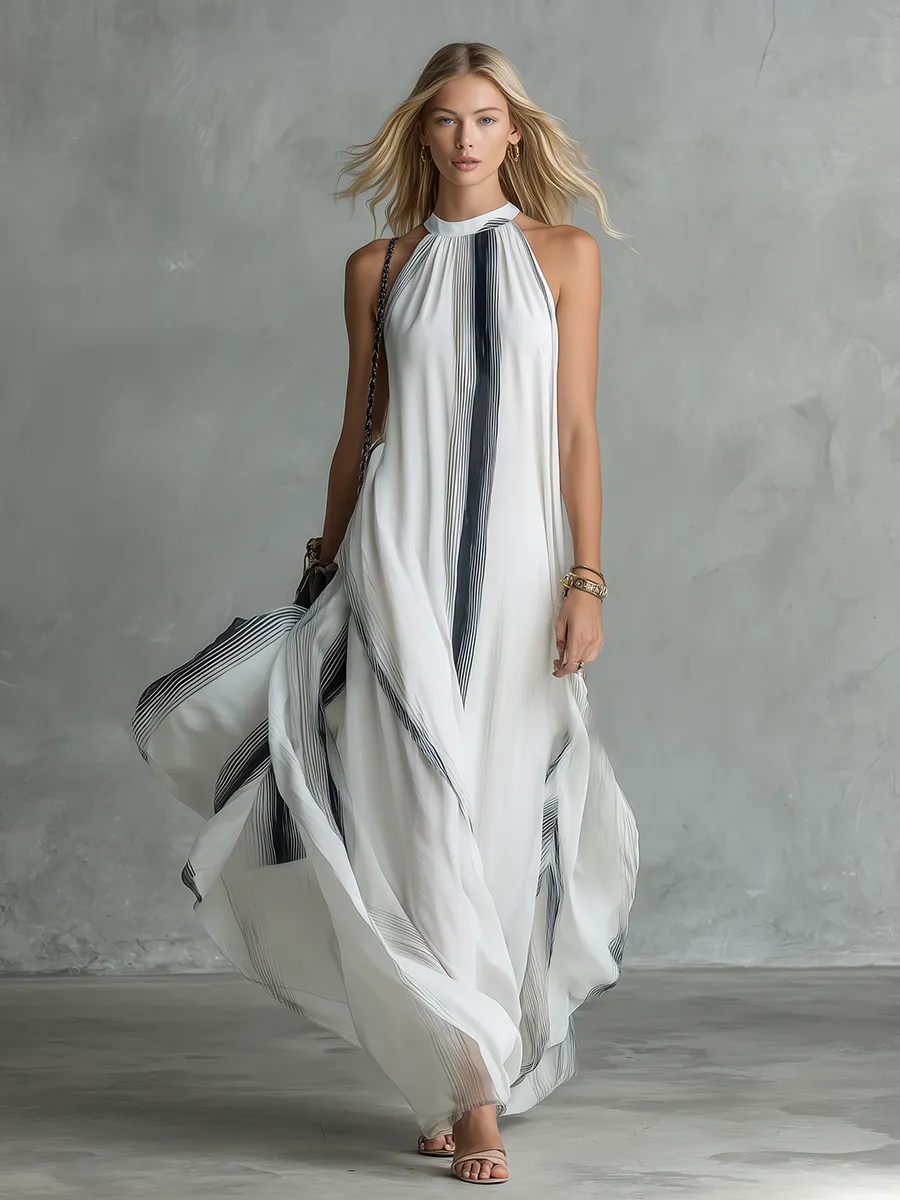 Stylish And Beautiful Round Neck Sleeveless Striped Printed Chiffon Long Dress sold by Oyrosy product image thumbnail 4