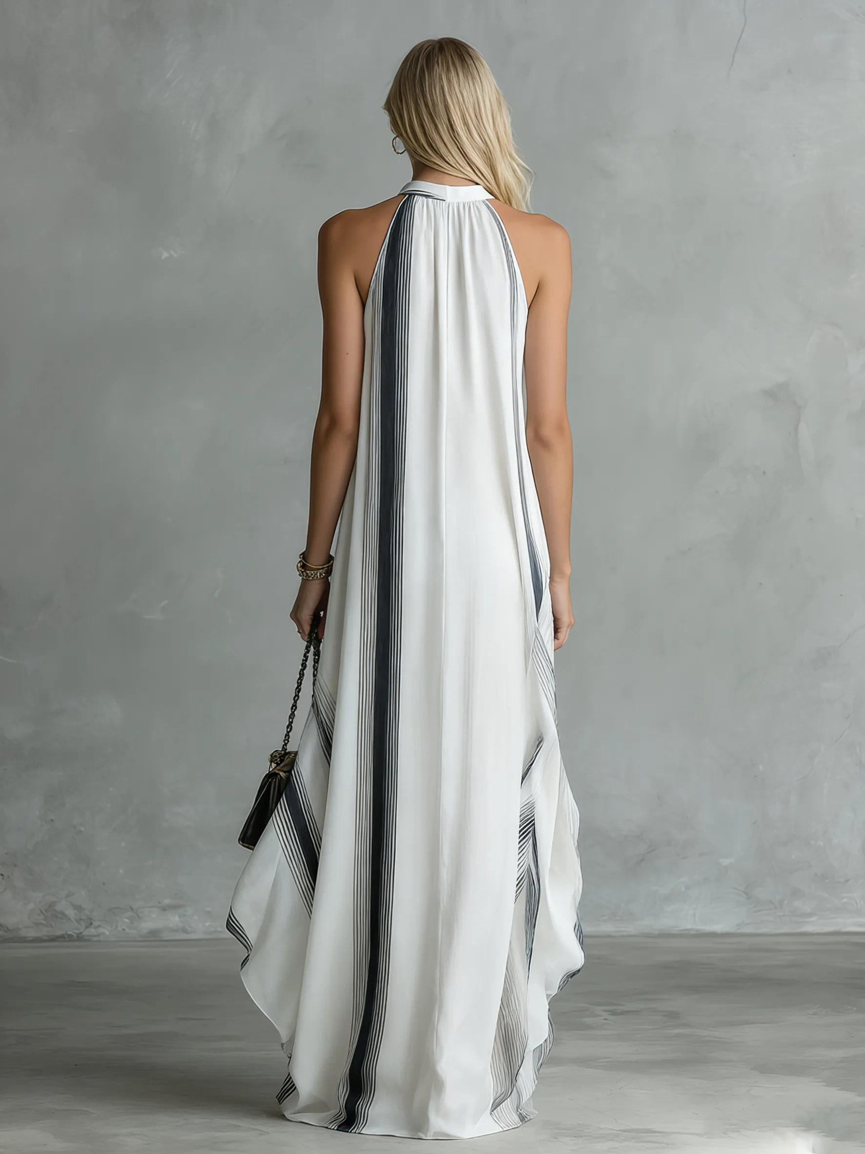Stylish And Beautiful Round Neck Sleeveless Striped Printed Chiffon Long Dress sold by Oyrosy product image thumbnail 3