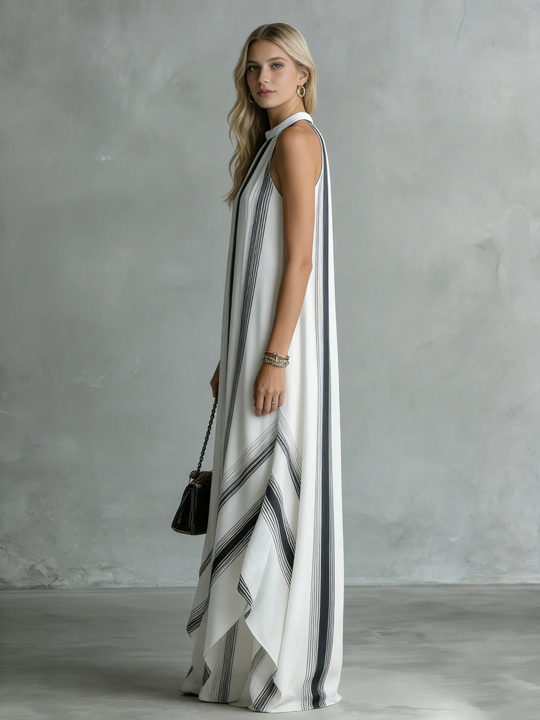 Stylish And Beautiful Round Neck Sleeveless Striped Printed Chiffon Long Dress sold by Oyrosy product image thumbnail 2