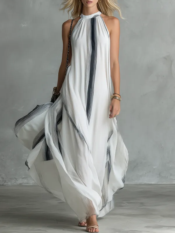 Stylish And Beautiful Round Neck Sleeveless Striped Printed Chiffon Long Dress made by Oyrosy