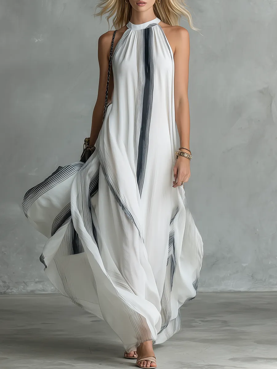 Stylish And Beautiful Round Neck Sleeveless Striped Printed Chiffon Long Dress sold by Oyrosy