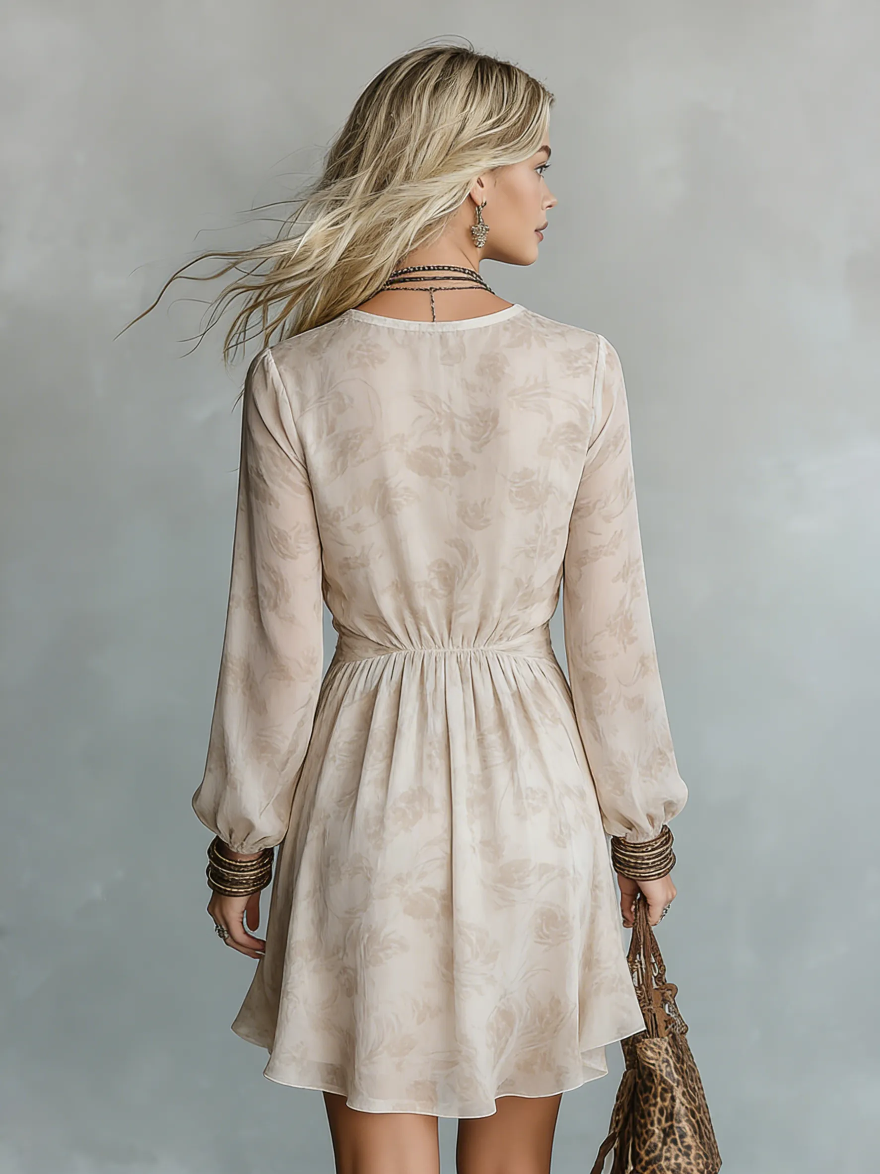 Exquisite And Casual V-neck Long-sleeved Printed Chiffon Mini Dress sold by Oyrosy product image thumbnail 3