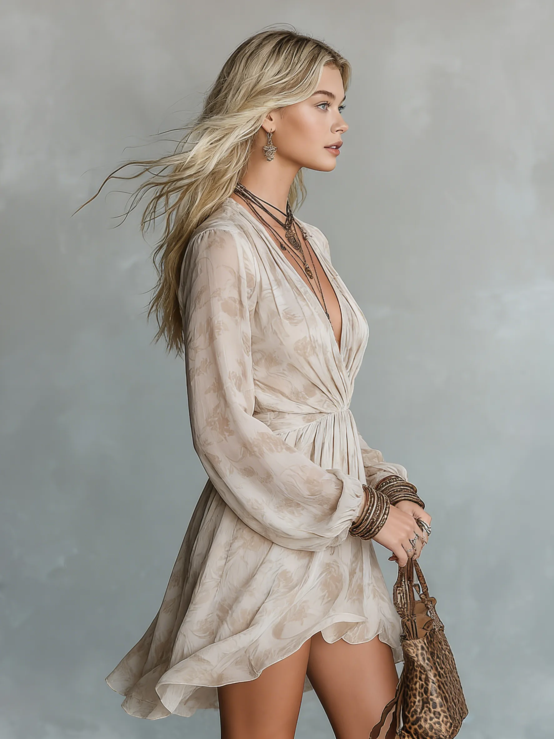 Exquisite And Casual V-neck Long-sleeved Printed Chiffon Mini Dress sold by Oyrosy product image thumbnail 2