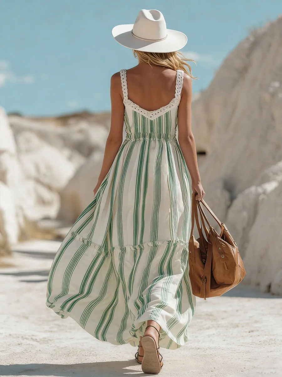 Bohemian Resort Lace-Trimmed Green Striped Chiffon Sleeveless Maxi Dress sold by Oyrosy product image thumbnail 3