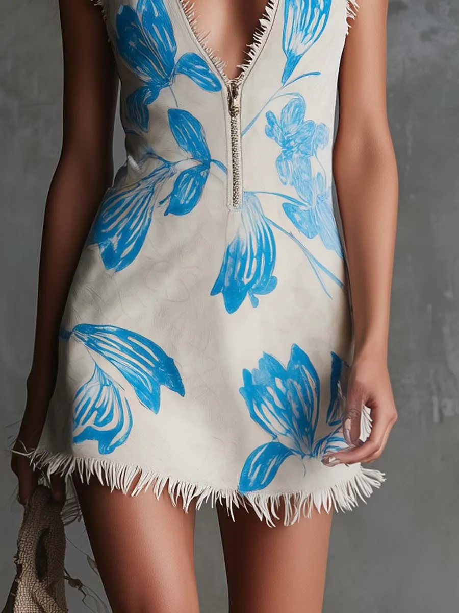Western Resort V-Neck Front-Zip Fringed HemTulip Print Beige Faux Suede Mini Dress sold by Oyrosy product image thumbnail 4