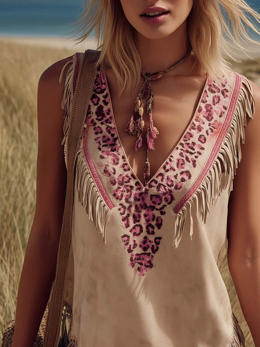 Retro Western V-Neck Leopard Print Fringed Beige Faux Suede Vest sold by Oyrosy product image thumbnail 3