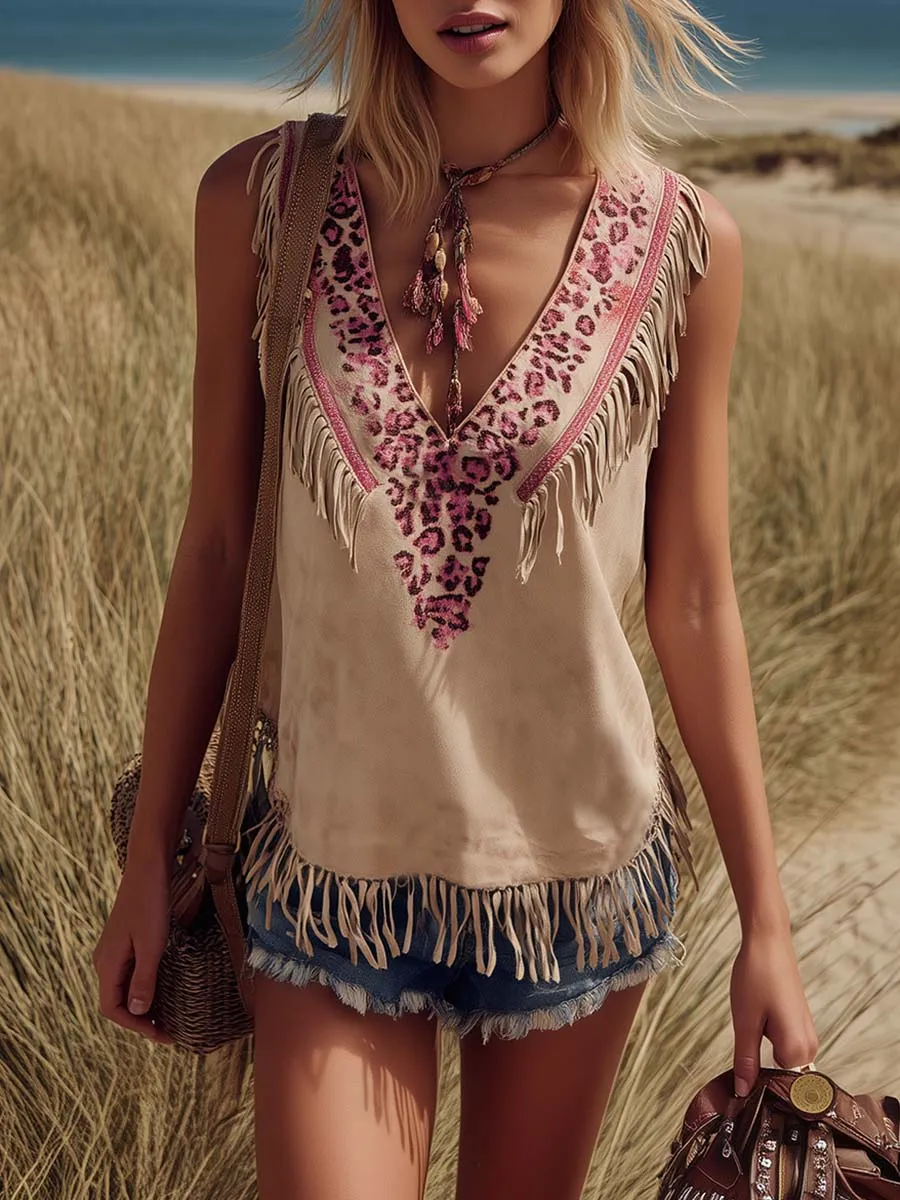 Retro Western V-Neck Leopard Print Fringed Beige Faux Suede Vest sold by Oyrosy