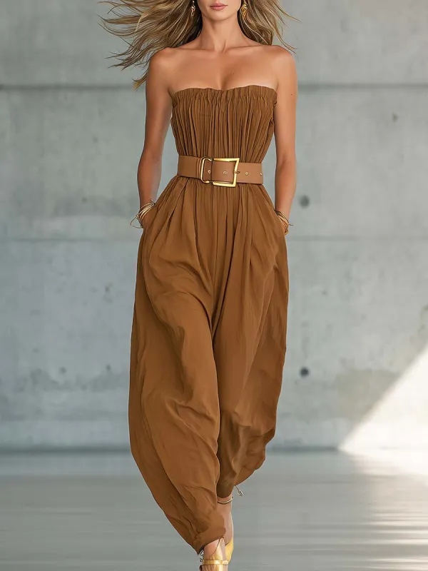 Casual Vacation Western Light Brown Cotton Strapless Jumpsuit made by Oyrosy