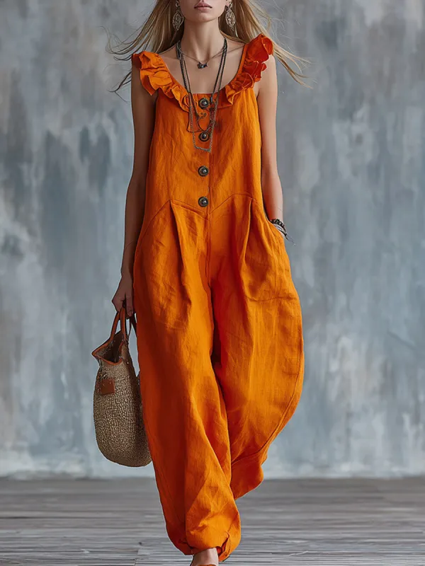 Vibrant Orange Ruffled-Strap Cotton-Linen Jumpsuit made by Oyrosy