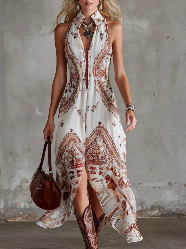 Retro Bohemian White Printed Maxi Dress made by Oyrosy